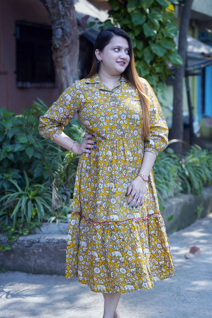 yellow kalamkari open collar mid-length dress