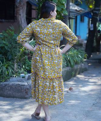 yellow kalamkari open collar mid-length dress 2