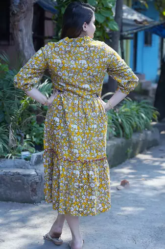 yellow kalamkari open collar mid-length dress