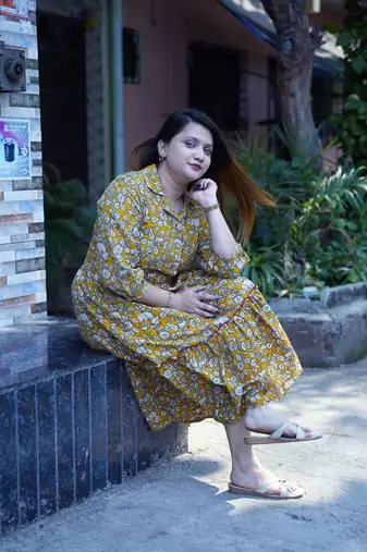 yellow kalamkari open collar mid-length dress