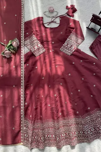 Onion pink chanderi silk thread with sequin anarkali suit