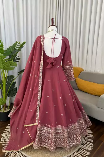 Onion pink chanderi silk thread with sequin anarkali suit