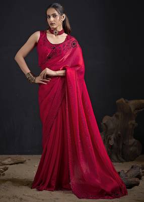 Magenta sequin embroidered work two tone satin silk saree 1