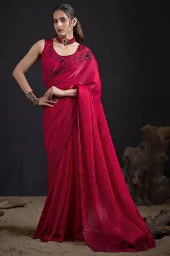 Magenta sequin embroidered work two tone satin silk saree