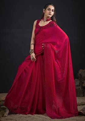 Magenta sequin embroidered work two tone satin silk saree 2