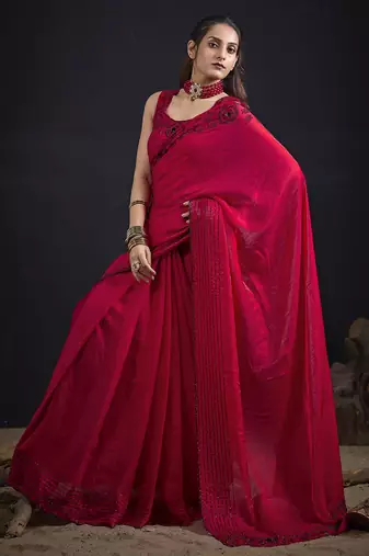 Magenta sequin embroidered work two tone satin silk saree