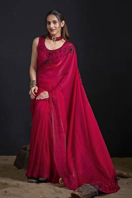 Magenta sequin embroidered work two tone satin silk saree 3