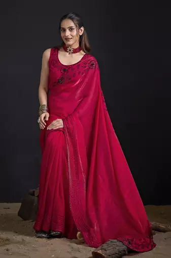 Magenta sequin embroidered work two tone satin silk saree