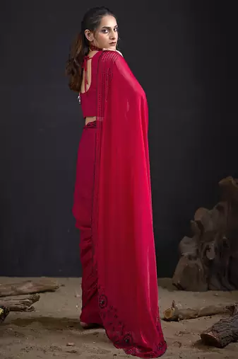 Magenta sequin embroidered work two tone satin silk saree