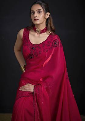 Magenta sequin embroidered work two tone satin silk saree 5