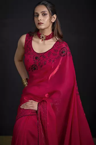 Magenta sequin embroidered work two tone satin silk saree