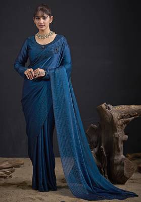 Blue sequin embroidered work two tone satin silk saree 1