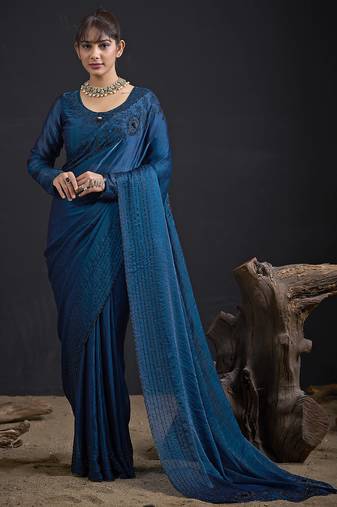 Blue sequin embroidered work two tone satin silk saree