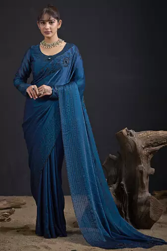 Blue sequin embroidered work two tone satin silk saree