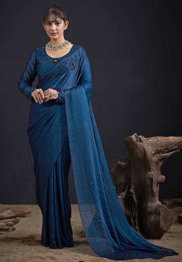 Blue sequin embroidered work two tone satin silk saree