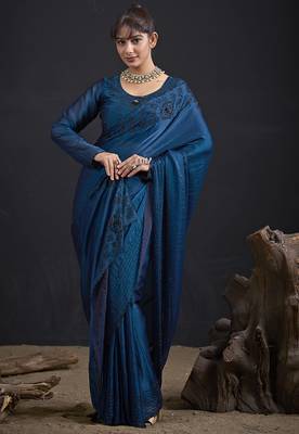 Blue sequin embroidered work two tone satin silk saree 2