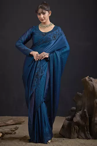Blue sequin embroidered work two tone satin silk saree