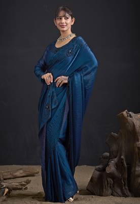 Blue sequin embroidered work two tone satin silk saree 3