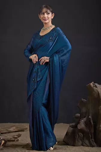 Blue sequin embroidered work two tone satin silk saree