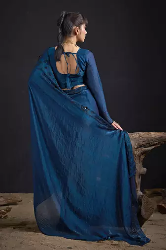 Blue sequin embroidered work two tone satin silk saree