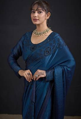 Blue sequin embroidered work two tone satin silk saree 5