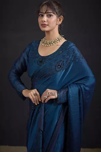 Blue sequin embroidered work two tone satin silk saree