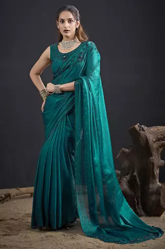 Turquoise sequin embroidered work two tone satin silk saree