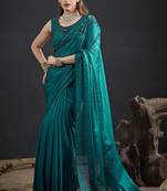Turquoise sequin embroidered work two tone satin silk saree