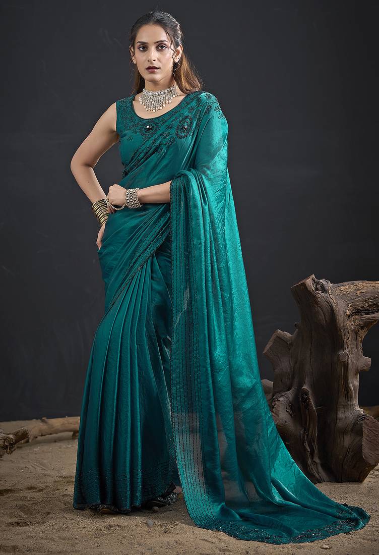 Turquoise sequin embroidered work two tone satin silk saree