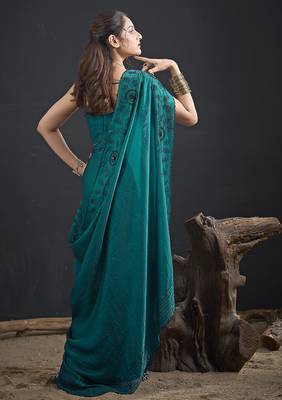 Turquoise sequin embroidered work two tone satin silk saree 2