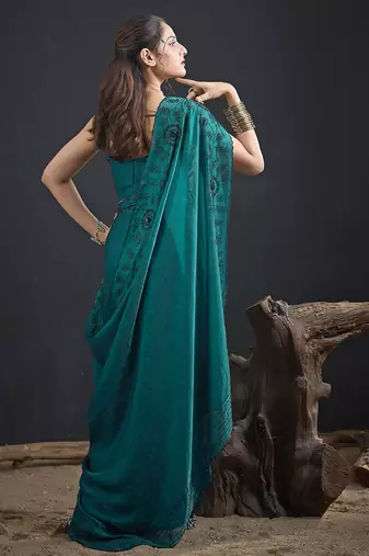 Turquoise sequin embroidered work two tone satin silk saree