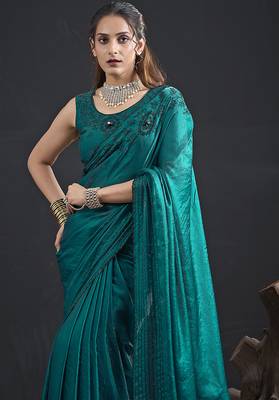 Turquoise sequin embroidered work two tone satin silk saree 3