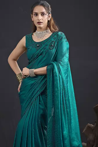 Turquoise sequin embroidered work two tone satin silk saree