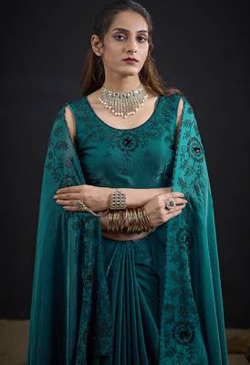 Turquoise sequin embroidered work two tone satin silk saree 4
