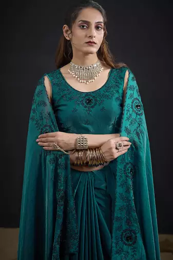 Turquoise sequin embroidered work two tone satin silk saree