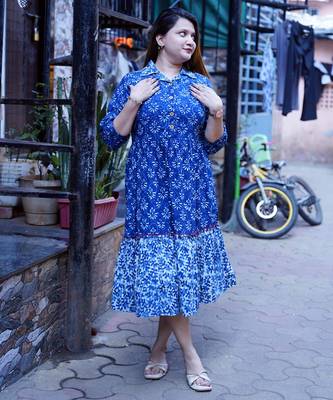 indigo printed open collar mid-length dress 1