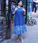indigo printed open collar mid-length dress