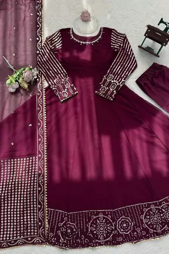 Wine georgette thread with sequin anarkali suit