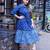 indigo printed open collar mid-length dress