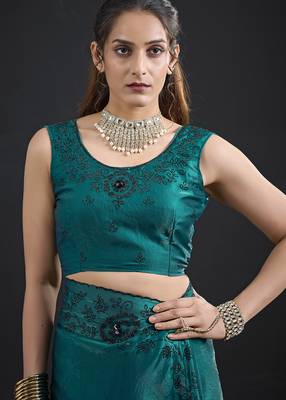 Turquoise sequin embroidered work two tone satin silk saree 5