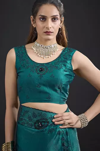 Turquoise sequin embroidered work two tone satin silk saree