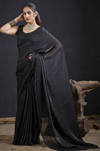 Black sequin embroidered work two tone satin silk saree