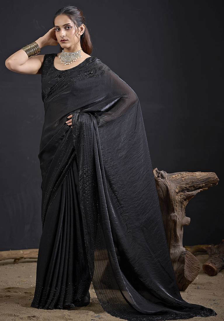 Black sequin embroidered work two tone satin silk saree
