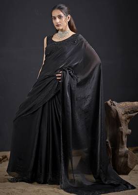 Black sequin embroidered work two tone satin silk saree 2