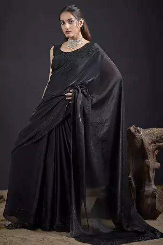Black sequin embroidered work two tone satin silk saree