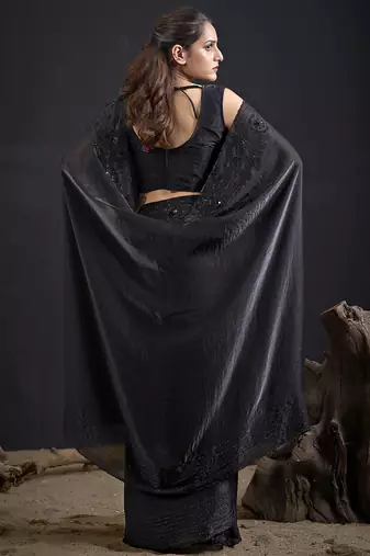 Black sequin embroidered work two tone satin silk saree