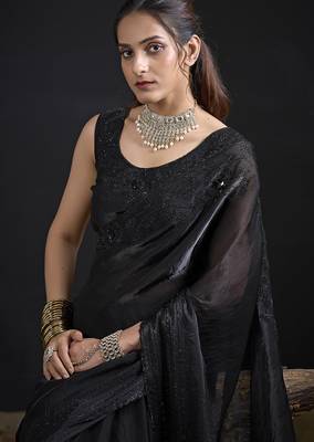 Black sequin embroidered work two tone satin silk saree 4
