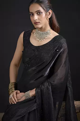 Black sequin embroidered work two tone satin silk saree