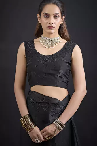Black sequin embroidered work two tone satin silk saree