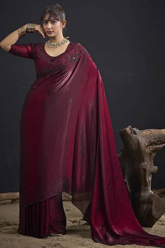 Maroon sequin embroidered work two tone satin silk saree